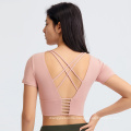 New Open Back Yoga Top Summer T Shirts Workout Shirts Women Backless T-Shirts Trendy Crop Top With Built In Bra